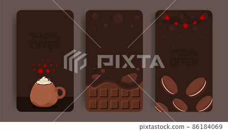 Set of vertical banners with chocolate and big hot drink cup. Valentines flyer design. Advertisign template. Stories desing pack. Heart decorations 86184069