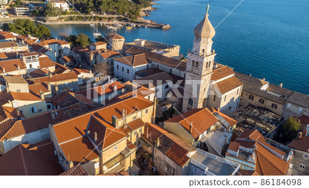 Aerial view of historic Adriatic town of Krk , Island of Krk, Kvarner bay of Adriatic sea, Croatia, Europe 86184098