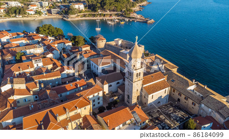 Aerial view of historic Adriatic town of Krk , Island of Krk, Kvarner bay of Adriatic sea, Croatia, Europe Aerial view of historic Adriatic town of Krk , Island of Krk, Kvarner bay of Adriatic sea, Croatia, Europe 86184099