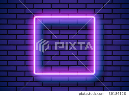 Neon frame with square shape on the blue brick wall. Classic rectangular 80s styled purple shiny glowing neon sign. Neon frame with square shape on the blue brick wall. Classic rectangular 80s styled purple shiny glowing neon sign. 86184128