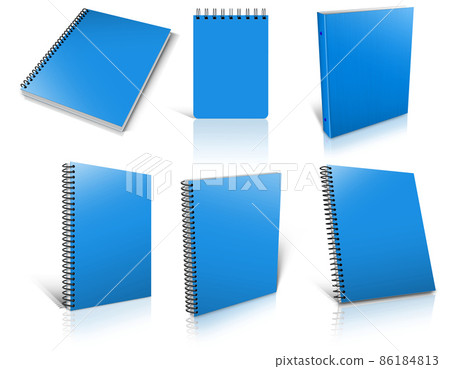 Six blue spiral blank notepad on white. Six blue spiral blank notepad on white. 86184813