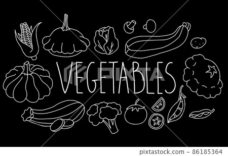 Vector Set of healthy food vegetables. Pumpkin and patisson, zucchini, cabbage, tomatoes and potatoes, mushrooms and corn, peas and cauliflower. Isolated linear chalk hand drawing on black background. Vector Set of healthy food vegetables. Pumpkin and patisson, zucchini, cabbage, tomatoes and potatoes, mushrooms and corn, peas and cauliflower. Isolated linear chalk hand drawing on black background. 86185364