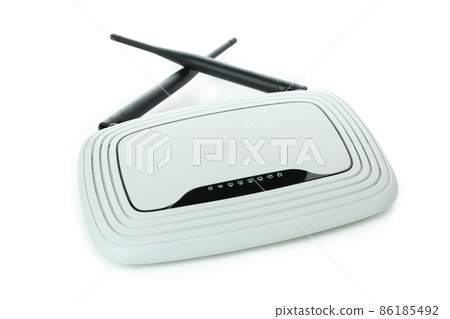 Wi-Fi router with external antennas isolated on white background Wi-Fi router with external antennas isolated on white background 86185492