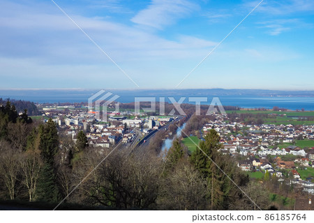 Panoramic view from the hills towards Lake Constance, Switzerland 86185764