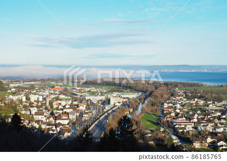 Panoramic view from the hills towards Lake Constance, Switzerland Panoramic view from the hills towards Lake Constance, Switzerland 86185765