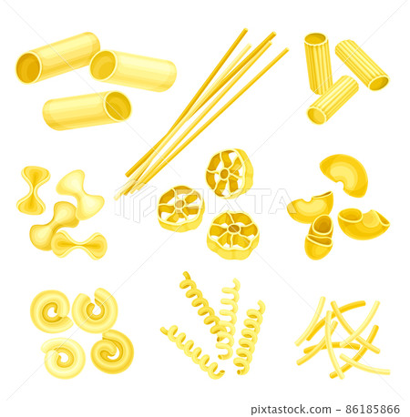 Pasta types set. Tortiglioni, fusilli, bucatini, rigatoni, maccheroni, filini. Italian restaurant menu design vector illustration 86185866