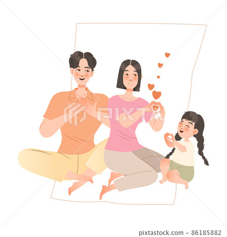 Happy loving family. Dad, mom, and their little daughter sitting on floor making heart shape gesture with their hands vector illustration 86185882