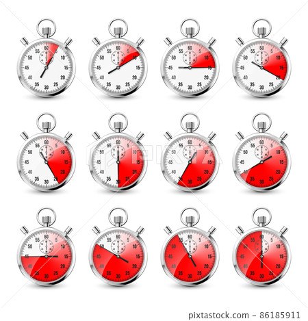 Realistic classic stopwatch icons. Shiny metal chronometer, time counter with dial. Red countdown Realistic classic stopwatch icons. Shiny metal chronometer, time counter with dial. Red countdown 86185911