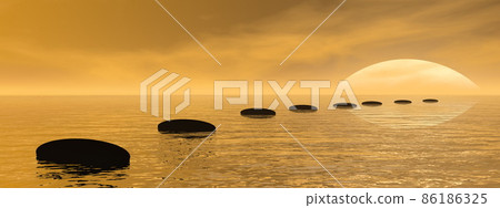 Zen path of black stones by sunset - 3D render Zen path of black stones by sunset - 3D render 86186325