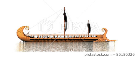 One greek trireme boat on the water - 3D render One greek trireme boat on the water - 3D render 86186326