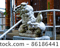 Snow-covered guardian dog The snow scene of the snow shrine that falls on the guardian dog 86186441