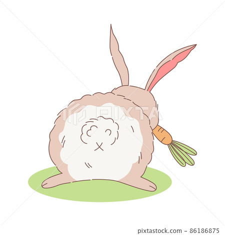 Cute Bunny chews on a carrot. Rabbit eats a carrot. Back view. Vector illustration of the butt of a gray plump easter bunny. Cute fluffy rabbit back side. Cartoon style design easter picture.. Cute Bunny chews on a carrot. Rabbit eats a carrot. Back view. Vector illustration of the butt of a gray plump easter bunny. Cute fluffy rabbit back side. Cartoon style design easter picture.. 86186875