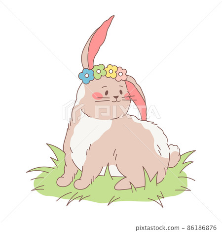 Cute fluffy easter rabbit with a wreath of flowers. Vector illustration of plump hand drawn beige and white beauty bunny. Cartoon style design. Cute fluffy easter rabbit with a wreath of flowers. Vector illustration of plump hand drawn beige and white beauty bunny. Cartoon style design. 86186876