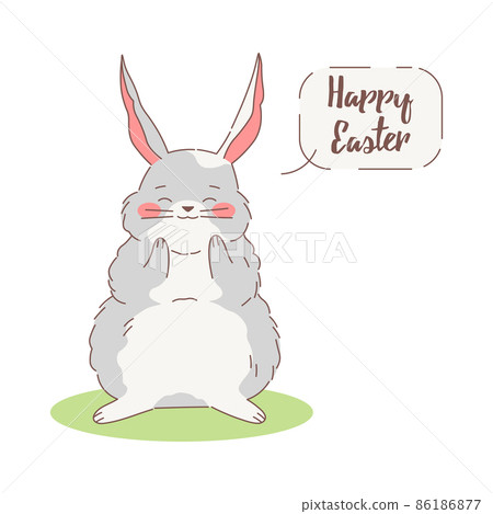 Cute fluffy bunny with "Happy Easter" text cloud. Vector illustration of a chubby rabbit smiling and holding on to his cheeks. Kawaii cartoon style design. Cute fluffy bunny with "Happy Easter" text cloud. Vector illustration of a chubby rabbit smiling and holding on to his cheeks. Kawaii cartoon style design. 86186877