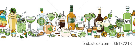 Saint Patricks Day cocktail party seamless line pattern ornament. Leprechaun hat shaker, Green orange white drinks in glasses, liquor bottles and appetizers, Irish flag and shamrock clover decoration. 86187218