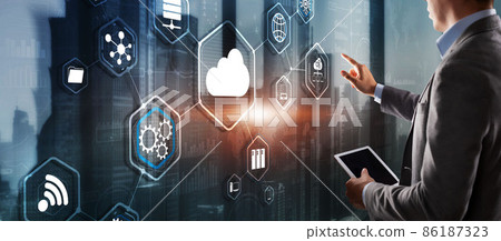 Futuristic Display. Cloud computing touchscreen interface business man finger touch cloud 86187323