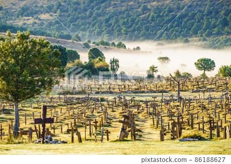 Haze in morning over Sad Hill Cemetery in Burgos, Spain 86188627