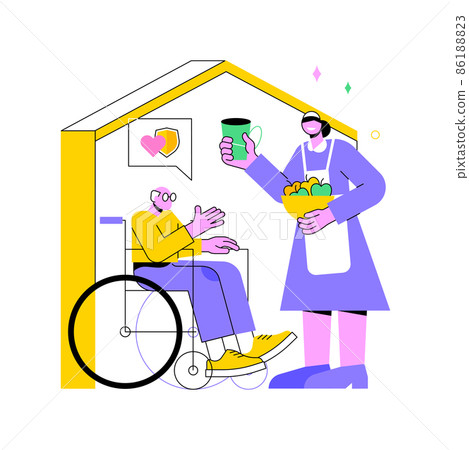 Care of the disabled abstract concept vector illustration. Disability care, downs syndrome, senior on wheelchair, help for old people, professional home nursing services abstract metaphor. Care of the disabled abstract concept vector illustration. Disability care, downs syndrome, senior on wheelchair, help for old people, professional home nursing services abstract metaphor. 86188823