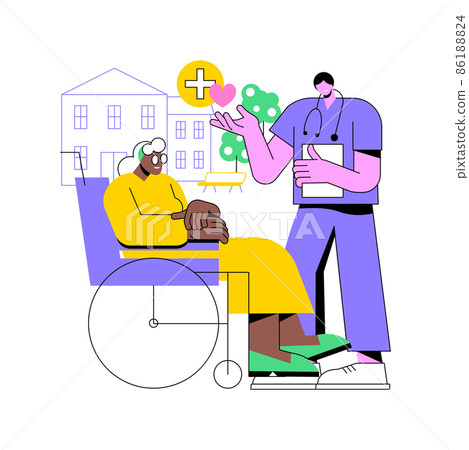Care for the elderly abstract concept vector illustration. Eldercare, senior homesick nursing, care services, happy on wheelchair, home support, retired people, nursing home abstract metaphor. 86188824