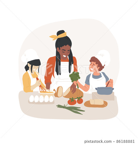 Cooking healthy meal abstract concept vector illustration. Children cooking together, healthy nutrition class, PA day program, eating habits, summer camp, after school activity abstract metaphor. 86188881