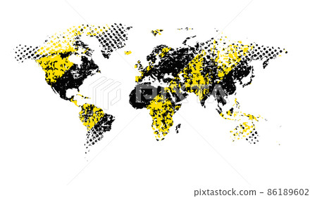 Grunge world map with cracks and scuffs, background yellow Grunge world map with cracks and scuffs, background yellow 86189602