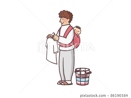 Stay-at-home dad (no background) to piggyback a sleeping baby and dry the laundry 86190384