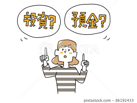 一個擔心是投資還是省錢的女人。可笑的手寫人物矢量，線條畫的簡單著色。 86192433