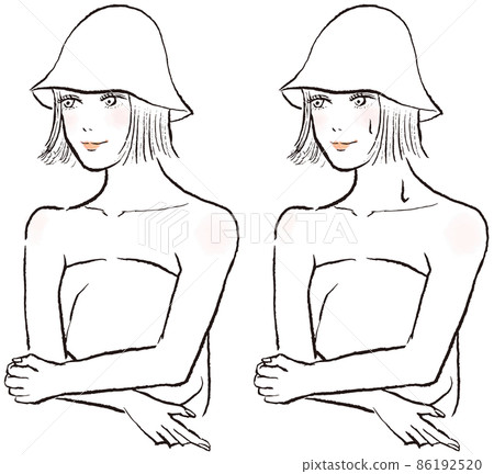 一個女人在桑拿浴室出汗的插圖。我戴著一頂鮑勃頭髮的桑拿帽。 86192520