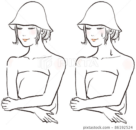 Illustration of a woman sweating in the sauna. She has long hair, wears a sauna hat, and closes her eyes. 86192524