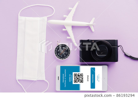 Model airplane, camera, face mask and immunity pass application on smartphone Model airplane, camera, face mask and immunity pass application on smartphone 86193294