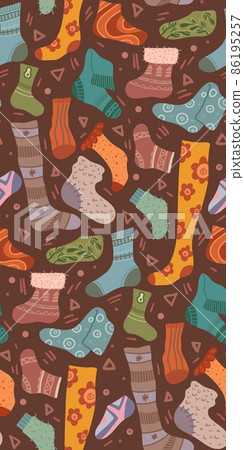Seamless pattern with various cozy knitted socks and stockings on a dark background. Vector texture with cartoon clothes and doodle decorations Seamless pattern with various cozy knitted socks and stockings on a dark background. Vector texture with cartoon clothes and doodle decorations 86195257