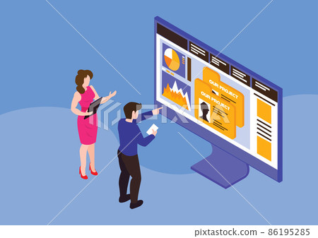 concept of data network management. Businessmans in data center room. Hosting server and computer database. Flat style cartoon illustration vector 86195285
