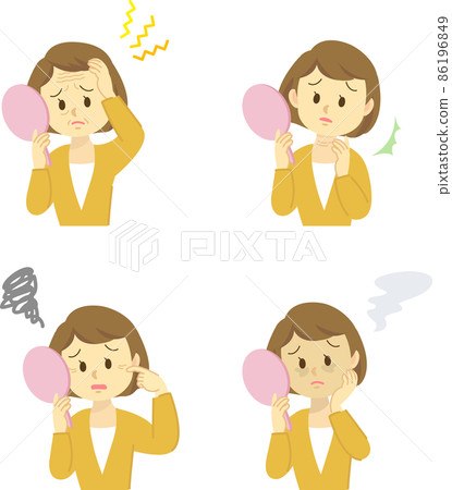 Illustration material set: Skin trouble A young woman worried about aging skin in the mirror Dullness / wrinkles / upper body Illustration material set: Skin trouble A young woman worried about aging skin in the mirror Dullness / wrinkles / upper body 86196849