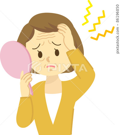 Illustration material: Skin trouble Young-senior woman suffering from wrinkles on her forehead and between her eyebrows Upper body 86196850