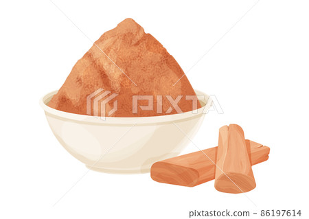 Sandalwood, chandan pieces and powder in bowl ingredient in cartoon style isolated on white background. Dried wood, medical material. 86197614