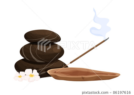 Aroma stick on wooden incense burner with smoke, massage stones tower in cartoon style isolated on white background . Aromatherapy and meditation, Aroma stick on wooden incense burner with smoke, massage stones tower in cartoon style isolated on white background . Aromatherapy and meditation, 86197616
