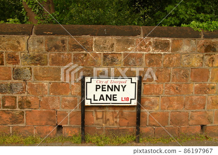 Penny Lane sign on the outskirts of Liverpool, famous for the Beatles songs in England 86197967