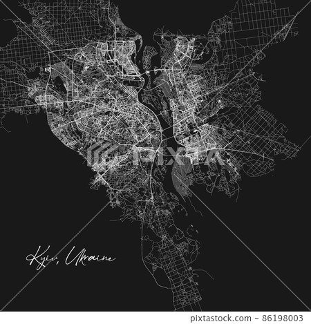 Kyiv Kiev black and white city map. Vector illustration, Kyiv Kiev map grayscale art poster. Street map image with roads, metropolitan city area view. 86198003