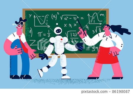 Robot teacher help students at board in college Robot teacher help students at board in college 86198087