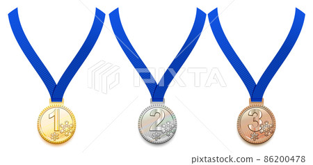 Set gold, silver and bronze medal on blue ribbon. Winter sport game award 86200478