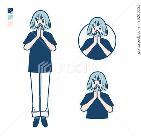 Illustration of a woman wearing a big size T-shirt looking surprised and uneasy 86200553