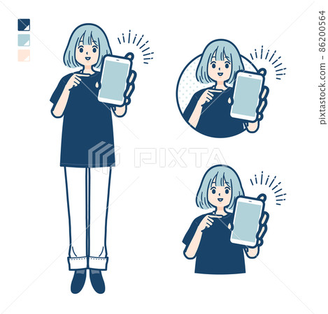 一個穿著大號 T 恤的女人拿著智能手機的插圖 一個穿著大號 T 恤的女人拿著智能手機的插圖 86200564