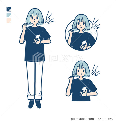 一個穿著大號 T 恤的女人拿著智能手機生氣的插圖 一個穿著大號 T 恤的女人拿著智能手機生氣的插圖 86200569