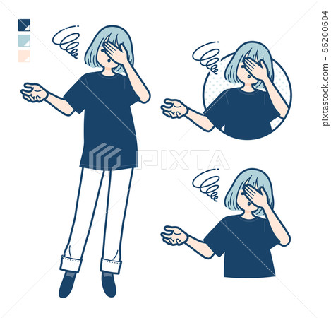 一個穿著大號 T 恤的女人抱著頭氣餒的插圖 一個穿著大號 T 恤的女人抱著頭氣餒的插圖 86200604