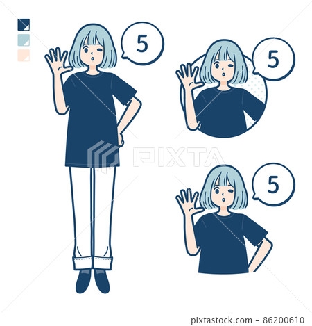 Illustration of a woman wearing a big size T-shirt counting as 5 Illustration of a woman wearing a big size T-shirt counting as 5 86200610