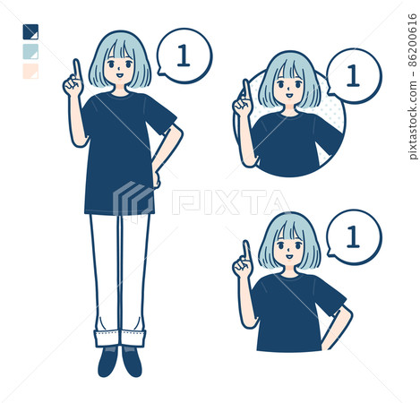 Illustration of a woman wearing a big size T-shirt counting as 1 Illustration of a woman wearing a big size T-shirt counting as 1 86200616