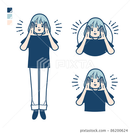 一個穿著大號 T 恤的女人大聲呼喊的插圖 86200624
