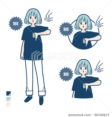 Illustration of a woman wearing a big size T-shirt protesting and booing Illustration of a woman wearing a big size T-shirt protesting and booing 86200625