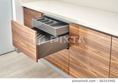 Minimalist style kitchen of walnut wood and gray color with acrylic solid surface countertop 86203466
