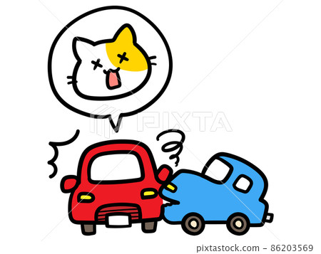 Hand-drawn style illustration of a cute cat character who caused a car accident Hand-drawn style illustration of a cute cat character who caused a car accident 86203569